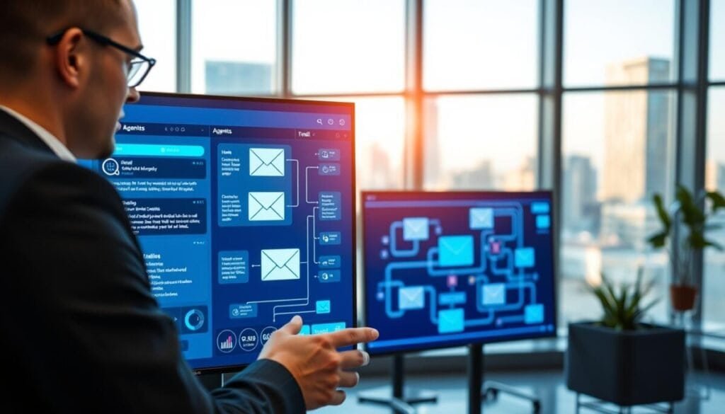 A modern, sleek email agents platform interface displayed on multiple screens in a corporate office environment. In the foreground, a professional-looking person in business attire interacts with an advanced touchscreen interface showcasing various AI-driven email functionalities, such as automated replies and analytics metrics. The middle ground reveals digital representations of emails being processed through AI agents, with vibrant flowcharts and glowing data streams connecting them. The background features a stylish office setting with large windows letting in natural light, soft-focused cityscape visible outside, creating a productive yet innovative atmosphere. Capture the image with a wide-angle lens to emphasize depth and details, maintaining a bright, clean lighting scheme to convey a sense of professionalism and forward-thinking technology. A modern, sleek email agents platform interface displayed on multiple screens in a corporate office environment. In the foreground, a professional-looking person in business attire interacts with an advanced touchscreen interface showcasing various AI-driven email functionalities, such as automated replies and analytics metrics. The middle ground reveals digital representations of emails being processed through AI agents, with vibrant flowcharts and glowing data streams connecting them. The background features a stylish office setting with large windows letting in natural light, soft-focused cityscape visible outside, creating a productive yet innovative atmosphere. Capture the image with a wide-angle lens to emphasize depth and details, maintaining a bright, clean lighting scheme to convey a sense of professionalism and forward-thinking technology.