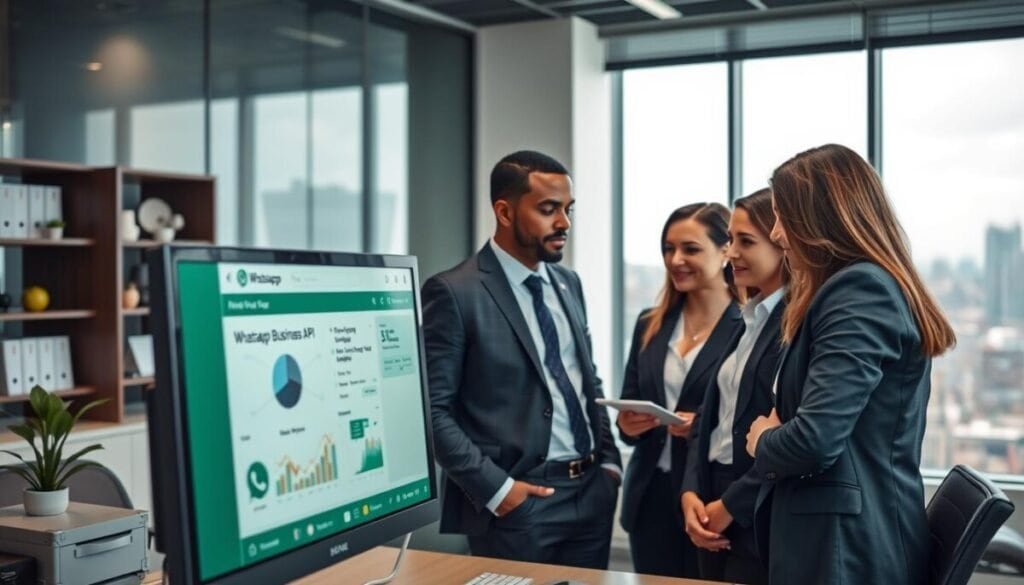 A modern, sleek office environment featuring an organized workspace with a computer displaying the WhatsApp Business API interface. In the foreground, a diverse group of three business professionals in smart business attire are engaged in a discussion, analyzing data on the screen. The middle ground showcases visual elements like charts and graphs that emphasize compliance and data privacy in messaging. In the background, a large window reveals a cityscape, conveying a sense of connectivity and global reach. Soft, diffused lighting highlights the professionalism of the scene, creating a warm atmosphere. The angle is slightly elevated, giving a comprehensive view of the interaction, while maintaining focus on the WhatsApp API interface.