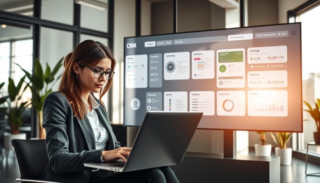 A modern, sleek office environment showcasing a real estate CRM system in action. In the foreground, a professional woman in business attire is intently working on a laptop, with graphs and client data visible on the screen. In the middle, a large, interactive touch screen displays various CRM features, such as customer profiles, lead generation tools, and analytics dashboards. Behind her, the stylish office decor features potted plants and large windows letting in bright, natural light, casting soft shadows across the room. The atmosphere is dynamic and productive, conveying a sense of innovation and efficiency in client relationship management. Capture this scene from a slightly elevated angle to emphasize the technology and professionalism.