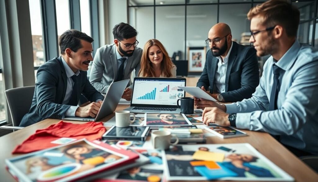 A modern, sleek office setting with a diverse group of three professionals, two men and one woman, dressed in smart business attire, deeply engaged in a discussion around a large table filled with print samples and laptops. The foreground features a close-up of vibrant print materials showcasing various products like t-shirts, mugs, and posters. The middle of the image includes the professionals analyzing data on their laptops, with digital graphs and charts visible on screens. The background shows a large window with natural light pouring in, accentuating the bright, collaborative atmosphere. Use soft lighting to create a warm and focused mood, with a slight depth of field to keep the attention on the team and their discussion.