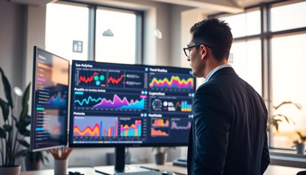 A modern, sleek workspace filled with data analytics tools showcasing the Heap product analytics platform. In the foreground, a professional analyst, dressed in business attire, intently observing multicolored graphs and comprehensive metrics displayed on a large, high-resolution monitor. In the middle ground, a digital dashboard features intuitive visualizations, revealing user behaviors and data flow in vibrant colors, with various chart types like line graphs, bar charts, and heat maps. The background includes abstract representations of data analytics concepts, such as code snippets and cloud-based icons, subtly blended to enhance the tech atmosphere. Soft, natural lighting comes from large windows, creating a collaborative environment that feels innovative and insightful, capturing the essence of advanced website analytics.