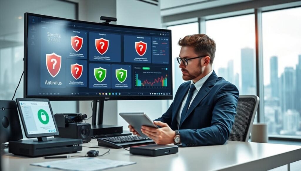 A modern, sleek workspace with a high-tech computer setup prominently displaying multiple antivirus program interfaces on the screen, illustrating their features in vibrant colors. In the foreground, a professional, focused individual in business attire analyzes the screen, using a tablet for notes, with a look of concentration. The middle ground features organized tech gadgets and a digital security dashboard with graphs, while in the background, a large window reveals a futuristic city skyline bathed in natural light, suggesting progress and innovation. The atmosphere is dynamic, conveying a sense of urgency and expertise. Soft, diffused lighting emphasizes clarity and professionalism, captured from a slightly elevated angle to enhance depth and focus on the subject matter. A modern, sleek workspace with a high-tech computer setup prominently displaying multiple antivirus program interfaces on the screen, illustrating their features in vibrant colors. In the foreground, a professional, focused individual in business attire analyzes the screen, using a tablet for notes, with a look of concentration. The middle ground features organized tech gadgets and a digital security dashboard with graphs, while in the background, a large window reveals a futuristic city skyline bathed in natural light, suggesting progress and innovation. The atmosphere is dynamic, conveying a sense of urgency and expertise. Soft, diffused lighting emphasizes clarity and professionalism, captured from a slightly elevated angle to enhance depth and focus on the subject matter.