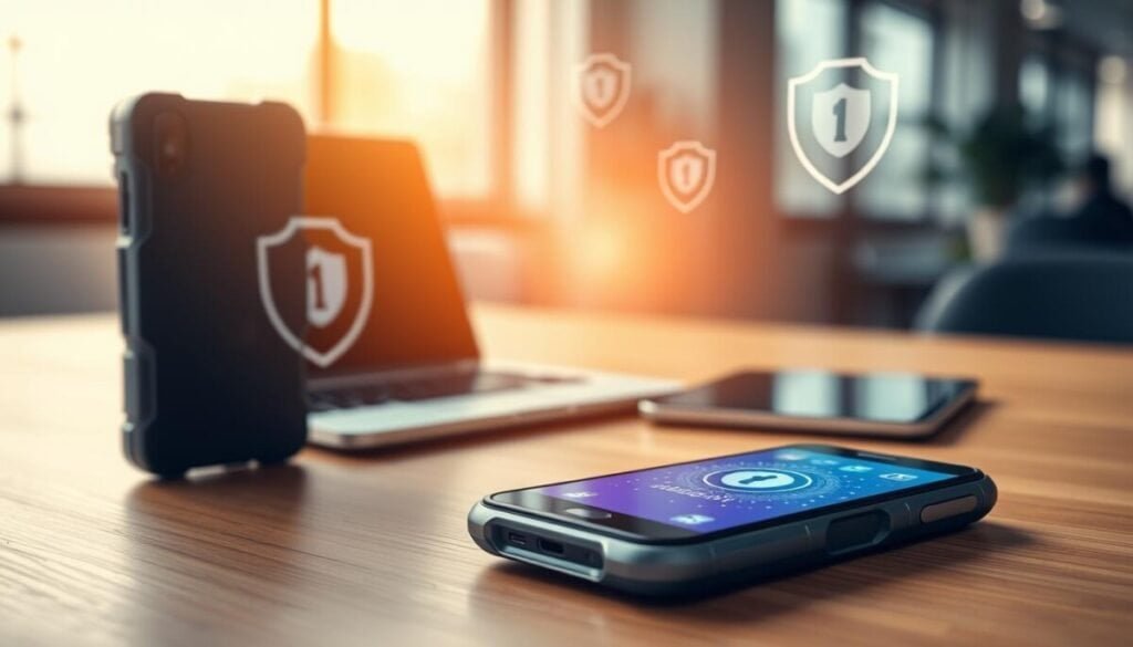 A modern smartphone protected by a high-tech, durable case sits prominently in the foreground, showcasing its sleek design and vibrant screen. The device displays an animated shield icon symbolizing cybersecurity. In the middle ground, a blurred laptop and tablet are visible, reinforcing the theme of mobile device protection, while subtle digital elements like binary code and shield graphics swirl around them, representing malware threats. The background features a soft-focus office setting with natural light streaming through large windows, creating an atmosphere of professionalism and security. The overall mood is cautious yet optimistic, emphasizing the importance of safeguarding mobile devices in a digital age. The composition is shot from a slightly elevated angle with warm color tones to convey a sense of safety and trust. A modern smartphone protected by a high-tech, durable case sits prominently in the foreground, showcasing its sleek design and vibrant screen. The device displays an animated shield icon symbolizing cybersecurity. In the middle ground, a blurred laptop and tablet are visible, reinforcing the theme of mobile device protection, while subtle digital elements like binary code and shield graphics swirl around them, representing malware threats. The background features a soft-focus office setting with natural light streaming through large windows, creating an atmosphere of professionalism and security. The overall mood is cautious yet optimistic, emphasizing the importance of safeguarding mobile devices in a digital age. The composition is shot from a slightly elevated angle with warm color tones to convey a sense of safety and trust.