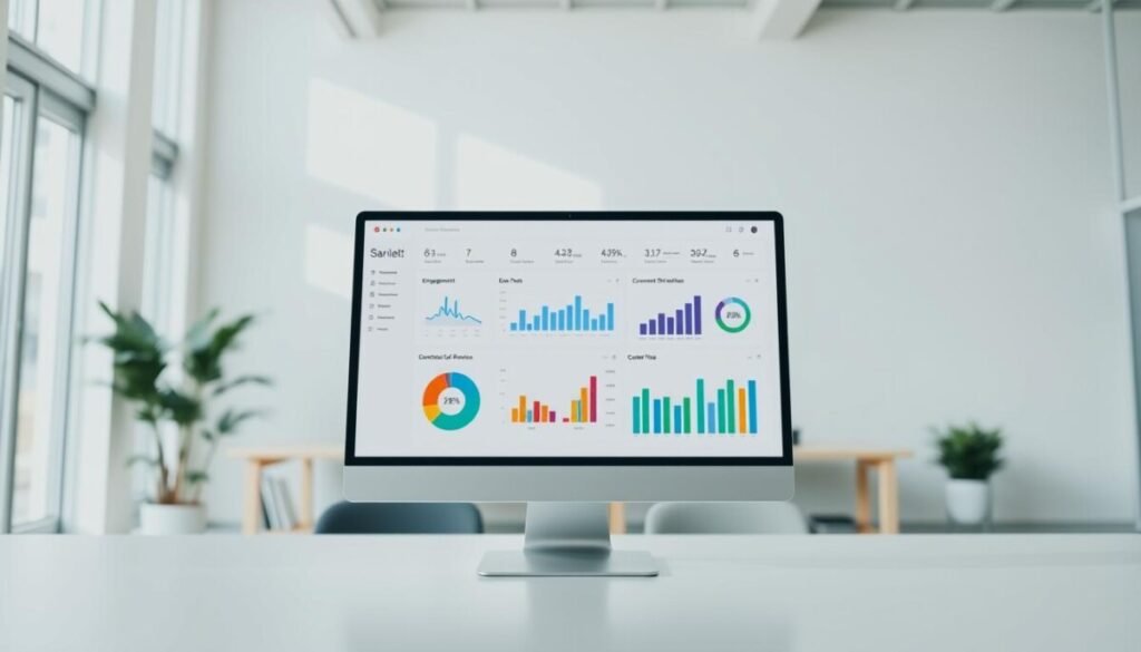 A modern social media ROI report dashboard displayed on a sleek, minimalist computer screen. The foreground features colorful graphs and charts visualizing metrics such as engagement, reach, and conversion rates, with vibrant colors like blue, green, and orange. The middle layer shows the dashboard interface with a clean layout, including pie charts and bar graphs that present data distinctly. In the background, a bright, uncluttered office environment with soft natural light flowing through large windows, creating an inviting atmosphere. The mood is professional and analytical, emphasizing clarity and focus, with an angle showcasing the screen slightly off-center to highlight the data visualization elements. No people or text are present, ensuring a clean, sophisticated aesthetic.