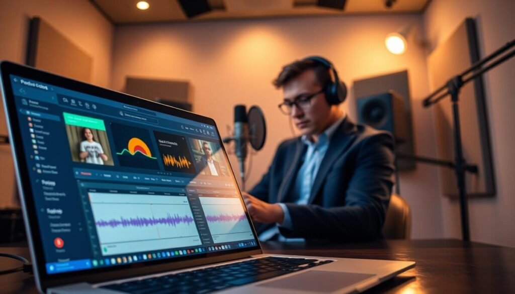 A modern, streamlined podcast production app interface displayed on a sleek laptop screen with vibrant colors and intuitive design elements. The foreground features an organized digital workspace with audio editing tools, graphs, and a timeline. In the middle, an individual in professional attire, focused and engaged, uses the app, symbolizing creativity and productivity. The background includes a softly lit studio space with soundproofing panels, a microphone, and headphones, enhancing the podcasting atmosphere. The lighting is warm and inviting, creating a sense of innovation and professionalism. The overall mood is energetic yet focused, reflecting the seamless integration of technology in podcast production. Camera angle is slightly above eye level, providing a clear view of the screen and the user's engagement.