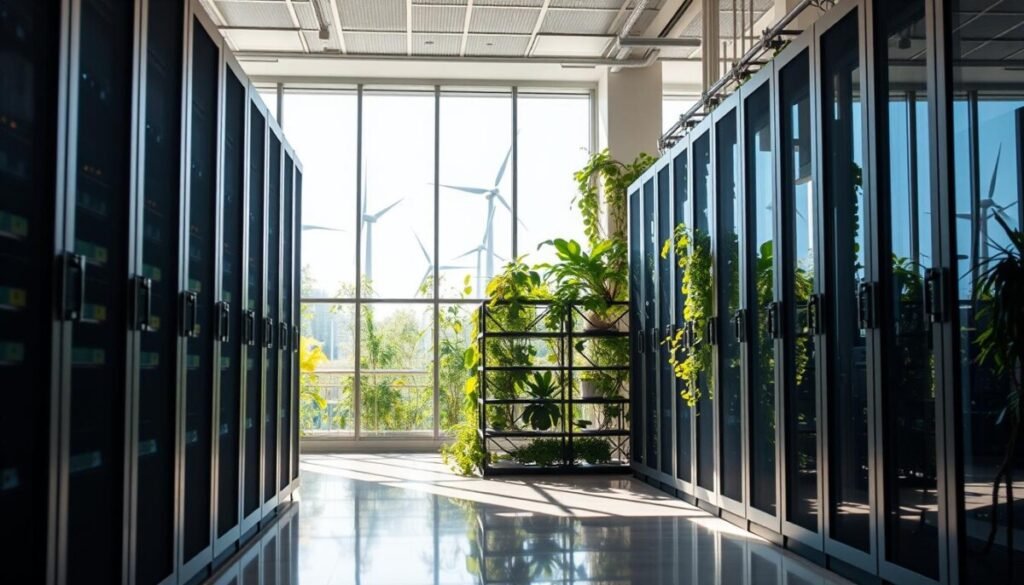 A modern, sustainable data center with a focus on eco-friendly components. In the foreground, display sleek, energy-efficient servers with solar panels integrated into their design. The middle layer features a cooling system utilizing green technology, like evaporative cooling and natural ventilation, alongside vertical gardens intertwined with server racks. In the background, include large windows allowing natural light to flood the space, framed by greenery and wind turbines outside. The lighting is bright and airy, evoking a sense of innovation and sustainability. Capture the atmosphere of a forward-thinking tech environment, showcasing harmony between technology and nature.