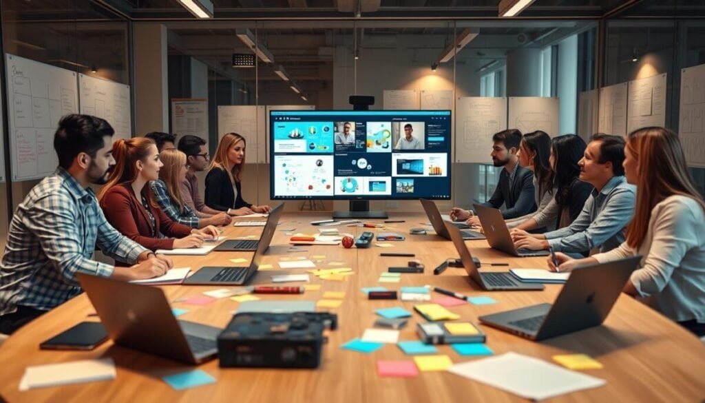 A modern team collaboration workspace showcasing a diverse group of professionals engaged in a brainstorming session. In the foreground, a large, oval table is cluttered with laptops, notebooks, and colorful sticky notes. The middle space features a multi-screen setup displaying a virtual Microsoft Edge Workspace with visual elements representing different projects, encouraging focus and organization. The background reveals glass walls adorned with whiteboards filled with diagrams and flowcharts, illuminated by warm, soft lighting that creates an inviting atmosphere. Professionals, dressed in smart casual attire, are actively discussing ideas, exuding a sense of teamwork and productivity. The angle is slightly above eye level, capturing the dynamic energy of collaboration while ensuring a clear view of the workspace’s layout.