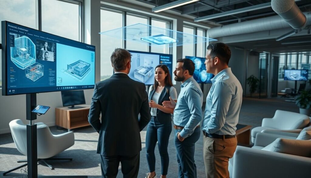 A modern training environment showcasing innovative applications in design and support for spatial computing tools. In the foreground, a diverse group of three professionals dressed in smart casual attire is engaged in a collaborative discussion around a large digital touchscreen, displaying intricate design interfaces and 3D models. The middle ground features multiple screens and holographic projections illustrating advanced spatial computing concepts. The background is a sleek, well-lit office space with large windows, natural light streaming in, and minimalist furniture. The mood is focused and dynamic, highlighting creativity and teamwork. Soft shadows and vibrant colors enhance the sense of innovation, with a camera angle that captures the action from a slightly elevated perspective, emphasizing interaction and collaboration.