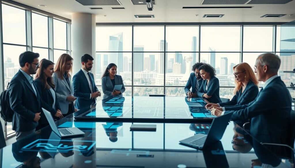 A modern, vibrant educational environment showcasing scalable support systems for educators. In the foreground, a diverse group of educators in professional business attire collaborate around a high-tech table filled with digital devices. The middle features interactive learning tools, such as large touch screens displaying data visualization and virtual classrooms. In the background, large windows offer a bright, airy view of a futuristic city skyline symbolizing progress and growth. Soft, natural lighting creates an inviting atmosphere, with subtle reflections on the devices to enhance depth. The focus should evoke a sense of innovation, collaboration, and long-term educational growth, emphasizing a positive future for education.