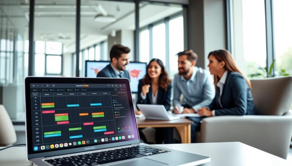 A modern virtual meeting room filled with diverse professionals engaged in collaborative discussions, reflecting a positive and energetic atmosphere. In the foreground, a laptop displays a digital scheduling tool with colorful charts and graphs, symbolizing effective meeting management. The middle ground showcases a group of four individuals in professional business attire, earnestly sharing ideas, with one person pointing towards a screen displaying an agenda. The background features large windows with natural light streaming in, creating an inviting and productive space. The overall mood is focused yet friendly, emphasizing teamwork and technological efficiency, captured from a slightly elevated angle to encompass both the interaction and the digital tools being used.