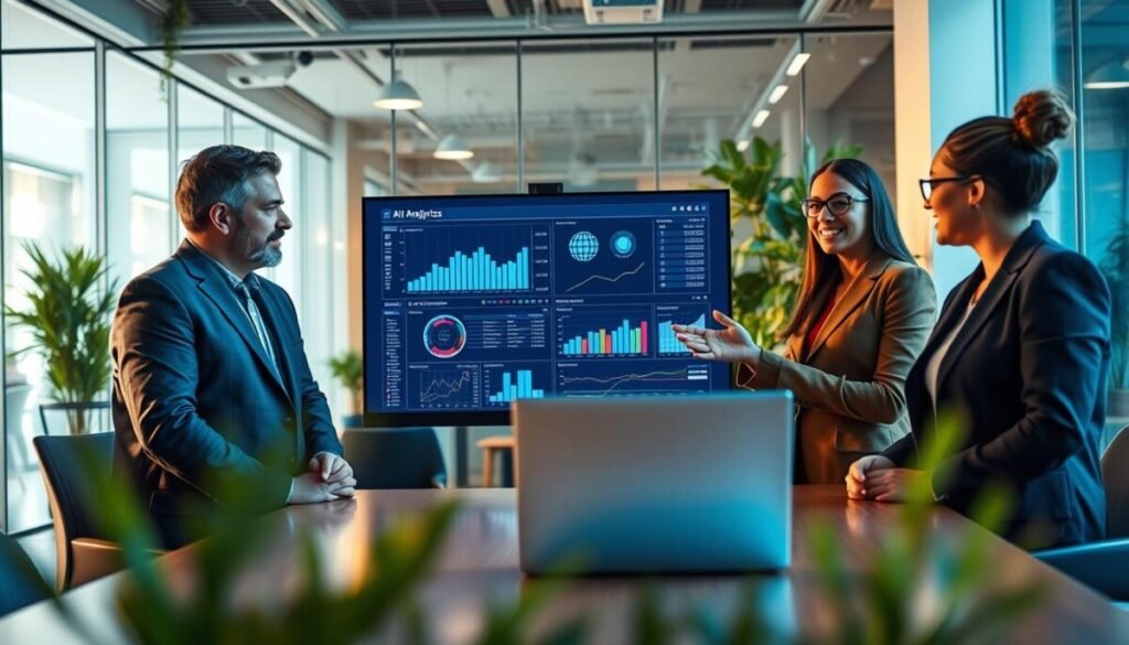 A modern virtual meeting scene showcasing the integration of AI and analytics in a professional context. In the foreground, a diverse group of four individuals, dressed in smart business attire, is engaged in a discussion around a sleek digital interface displaying graphs and data visualizations. In the middle, a large computer screen projects AI-driven insights, illuminated by soft, cool lighting, emphasizing the technology at work. In the background, a contemporary office environment adorned with glass walls and greenery creates a vibrant atmosphere. The overall mood is one of collaboration, innovation, and professionalism, highlighted by warm, inviting tones that foster a sense of connection and productivity. The angle captures the meeting from a slightly elevated perspective, focusing on the engaged expressions of the participants and the dynamic visuals.