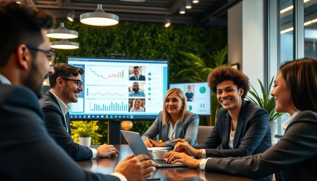 A modern virtual office environment showcasing diverse remote team members collaborating on digital workflow. In the foreground, a diverse group of three professionals in business attire are engaged in a vibrant video conference, their expressions focused and collaborative. The middle ground features digital screens displaying charts, project timelines, and communication tools, symbolizing productivity and connectivity. The background reveals a sleek, tech-savvy office space filled with greenery and ambient lighting, creating a warm and inviting atmosphere. Soft, diffused lighting enhances the scene, while a slight overhead angle captures the energy of teamwork. The overall mood is dynamic and optimistic, illustrating the empowerment and synergy of virtual office platforms in enhancing digital workflows.