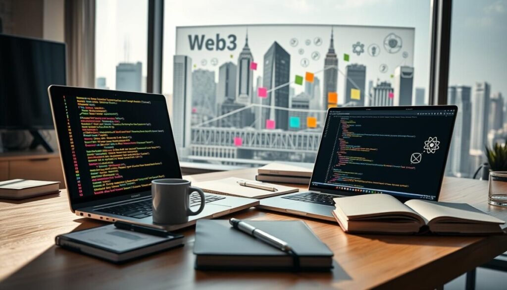 A modern web development workspace showcasing various Web3 development IDEs and frameworks. In the foreground, a sleek laptop screen displays vibrant code snippets with libraries like Ethereum, Solidity, and React. On the desk, there are technical books, a coffee mug, and a notepad with diagrams. The middle ground features a digital whiteboard illustrating blockchain concepts with colorful sticky notes. In the background, a large window reveals a futuristic city skyline with blockchain-themed elements. Soft, natural lighting streams in, creating an inspiring atmosphere. The camera angle is slightly elevated, focusing on the workspace, emphasizing creativity and innovation in technology. The overall mood is professional and cutting-edge, reflecting the exciting world of Web3 development.