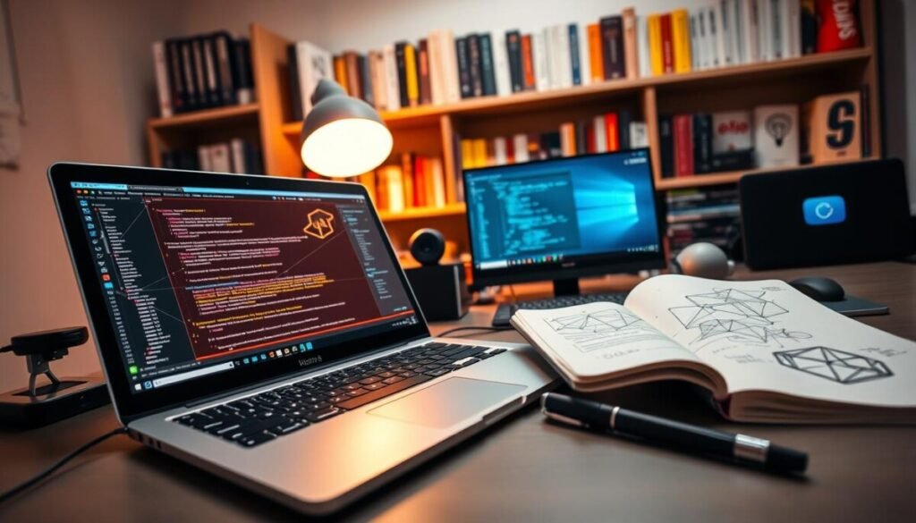 A modern web3 development workspace, showcasing advanced integrated development environments (IDEs) and tools. In the foreground, a sleek laptop with vibrant screens displaying coding interfaces and blockchain diagrams, illuminated by a warm desk lamp. Surrounding the laptop are sophisticated gadgets like a tablet with a digital pen and a notebook filled with sketches. In the middle background, shelves lined with technical books and decentralized application (dApp) resources, enhancing the tech-savvy atmosphere. The scene is bathed in soft, diffused lighting, creating an inspiring and productive mood. The angle is slightly above eye level, providing a dynamic view of the organized workspace, reflecting innovation and advanced development practices in the web3 space.