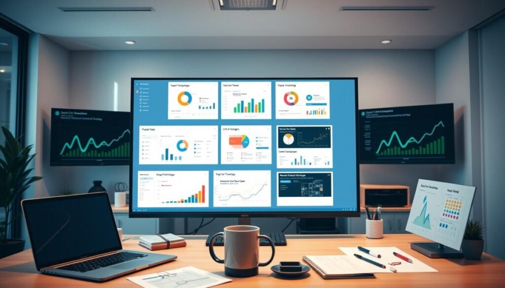 A modern workspace adorned with a sleek, digital interface showcasing pre-built CRM templates and modules on multiple screens. In the foreground, a well-organized desk with a laptop, notes, and a coffee mug, surrounded by colorful charts and graphs. The middle ground features a large monitor displaying various CRM templates, highlighting user-friendly designs, drag-and-drop features, and modular components. The background includes soft, ambient office lighting, positioned to create a bright and inviting atmosphere. Use a slightly elevated angle to capture the workspace from above, emphasizing the integration of technology with productivity. The mood is professional yet approachable, embodying the essence of no-code solutions for efficient customer relationship management.