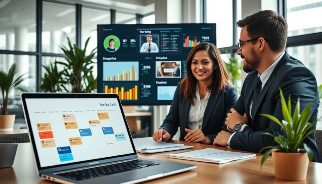 A modern workspace depicting integrated scheduling and video features in service sales. In the foreground, a digital calendar interface on a sleek laptop shows scheduled video calls alongside visual sales metrics. A diverse group of three professionals in smart business attire—two men and one woman—collaborate around the laptop, discussing strategies enthusiastically. In the middle, a digital display board highlights key performance indicators and video tutorials, with colorful graphs and icons. The background features a stylish office with large windows allowing natural light to flood the space; potted plants add a touch of greenery. The atmosphere is dynamic and focused, emphasizing productivity and teamwork, captured with soft lighting and a warm, inviting color palette.