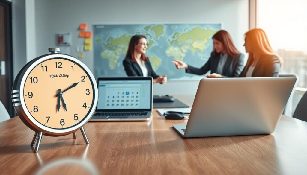 A modern workspace designed for global time zone management. In the foreground, a sleek, high-tech clock displaying different time zones is prominently featured alongside a digital calendar app on a laptop screen. In the middle ground, a professional, diverse team of three people in smart business attire collaborates around a contemporary conference table, pointing at a large world map marked with various time zones. The background includes a wall of post-it notes and planning tools, enhancing the team’s dynamic environment. Soft, natural lighting filters in through large windows, creating an inspiring and productive ambiance. The angle is slightly elevated, providing a comprehensive view of the collaborative space while emphasizing the tools essential for effective global communication and scheduling.
