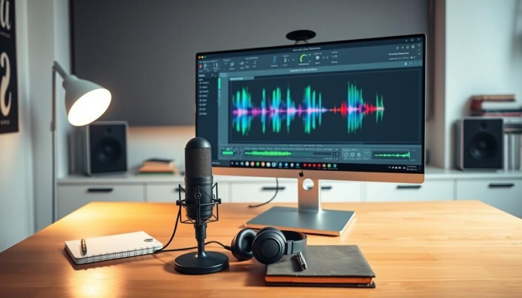 A modern workspace featuring Audacity podcast editing software displayed on a sleek computer monitor. In the foreground, show the computer screen showcasing the Audacity interface with colorful audio waveforms and editing tools prominently visible. The middle ground includes a stylish desk with a professional microphone, headphones, and a notebook for podcasters. The background features soft, ambient lighting that creates a cozy yet focused atmosphere, with bookshelves or soundproof panels hinting at a creative environment. The angle is slightly tilted to emphasize the screen while keeping the desk items in clear view. The overall mood is inspiring and informative, encouraging beginners to explore the world of podcasting.