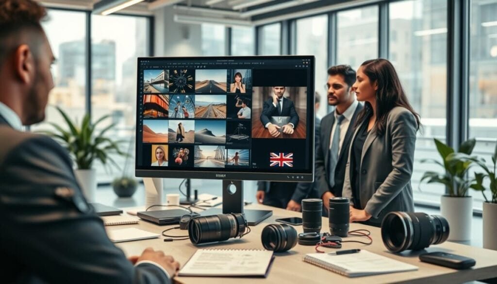 A modern workspace featuring a computer screen displaying stock images and video thumbnails. In the foreground, a diverse group of professionals in smart business attire attentively discuss the images, showcasing a mix of ethnicities and genders. The middle ground includes a desk cluttered with photography equipment such as a camera, lenses, and a notepad filled with technical notes about optimizing images. The background features a bright, airy office with large windows allowing natural light to flood the space, highlighting a couple of potted plants. The overall mood is collaborative and focused, emphasizing professionalism and creativity in image selection. Use soft, diffused lighting to evoke an inviting atmosphere, and employ a shallow depth of field to draw attention to the desk and the professionals' engaged expressions. A modern workspace featuring a computer screen displaying stock images and video thumbnails. In the foreground, a diverse group of professionals in smart business attire attentively discuss the images, showcasing a mix of ethnicities and genders. The middle ground includes a desk cluttered with photography equipment such as a camera, lenses, and a notepad filled with technical notes about optimizing images. The background features a bright, airy office with large windows allowing natural light to flood the space, highlighting a couple of potted plants. The overall mood is collaborative and focused, emphasizing professionalism and creativity in image selection. Use soft, diffused lighting to evoke an inviting atmosphere, and employ a shallow depth of field to draw attention to the desk and the professionals' engaged expressions.