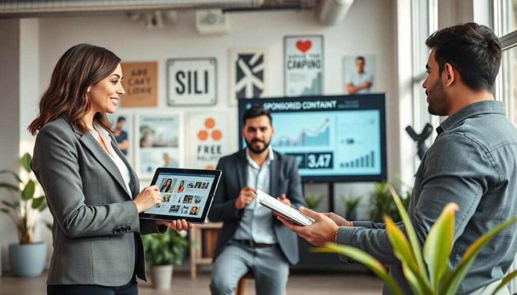 A modern workspace featuring a diverse group of three professionals engaged in a collaborative meeting focused on sponsored content strategy for bloggers. In the foreground, a woman in smart business attire is presenting a digital tablet displaying branding concepts, while a man in a casual yet professional outfit is taking notes. The middle ground showcases a large screen displaying graphs and successful campaign metrics. In the background, a stylish office with vibrant plants and motivational posters adds life to the scene. Soft, natural light pours in through large windows, creating a productive atmosphere. The overall mood is energetic and innovative, reflecting teamwork and creativity in brand collaborations.