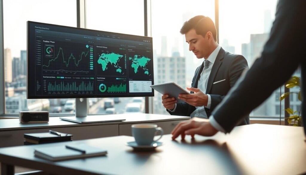 A modern workspace featuring a high-tech computer display showcasing intricate analytics graphs and distribution maps related to podcast hosting platforms. In the foreground, a professional in smart business attire is intently reviewing these visualizations, holding a tablet in the other hand. The middle layer includes a sleek desk with stylish stationery and a coffee cup, amidst a backdrop of a large window revealing a busy cityscape bathed in soft morning light. The atmosphere is focused and dynamic, reflecting a sense of innovation and progress. The overall color palette is composed of calming blues and greens, emphasizing a professional yet creative mood, captured with a slight depth of field effect for emphasis on the subject. A modern workspace featuring a high-tech computer display showcasing intricate analytics graphs and distribution maps related to podcast hosting platforms. In the foreground, a professional in smart business attire is intently reviewing these visualizations, holding a tablet in the other hand. The middle layer includes a sleek desk with stylish stationery and a coffee cup, amidst a backdrop of a large window revealing a busy cityscape bathed in soft morning light. The atmosphere is focused and dynamic, reflecting a sense of innovation and progress. The overall color palette is composed of calming blues and greens, emphasizing a professional yet creative mood, captured with a slight depth of field effect for emphasis on the subject.