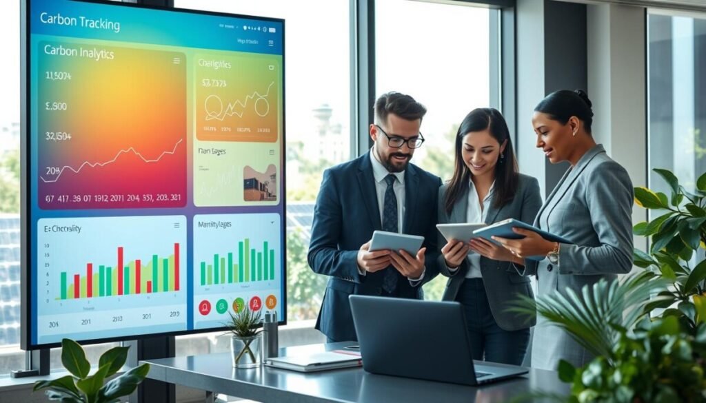 A modern workspace featuring a large digital screen displaying a vibrant interface of a carbon tracking app, showcasing graphs, charts, and financial analytics related to sustainability. In the foreground, a diverse group of three professionals dressed in smart business attire, engaged in a discussion, analyzing the app's data on their tablets. The middle ground features a contemporary desk with eco-friendly materials, including plants and a laptop. The background presents a window view of a green cityscape, filled with solar panels and greenery, symbolizing sustainability. Soft natural lighting filters through the window, creating a bright and optimistic atmosphere. The overall mood conveys innovation and collaboration in finance and sustainability.