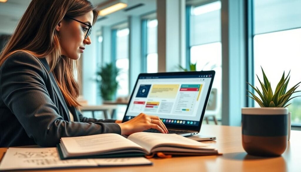 A modern workspace featuring a professional woman in business attire, focused on her laptop, engaging with an online course development platform. In the foreground, she is seated at a sleek desk with a vibrant, colorful course outline on the screen. The middle layer includes an open notebook filled with notes and sketches, as well as a cup of coffee, conveying a sense of productivity. In the background, a bright, minimalistic office with large windows allowing natural light to flood the room, plants adding a touch of greenery. The entire scene is infused with an atmosphere of innovation and efficiency, showcasing the essence of rapid course deployment. The lighting is warm and inviting, creating a sense of inspiration and focus, while a slight depth of field blurs the background for emphasis on the subject. A modern workspace featuring a professional woman in business attire, focused on her laptop, engaging with an online course development platform. In the foreground, she is seated at a sleek desk with a vibrant, colorful course outline on the screen. The middle layer includes an open notebook filled with notes and sketches, as well as a cup of coffee, conveying a sense of productivity. In the background, a bright, minimalistic office with large windows allowing natural light to flood the room, plants adding a touch of greenery. The entire scene is infused with an atmosphere of innovation and efficiency, showcasing the essence of rapid course deployment. The lighting is warm and inviting, creating a sense of inspiration and focus, while a slight depth of field blurs the background for emphasis on the subject.