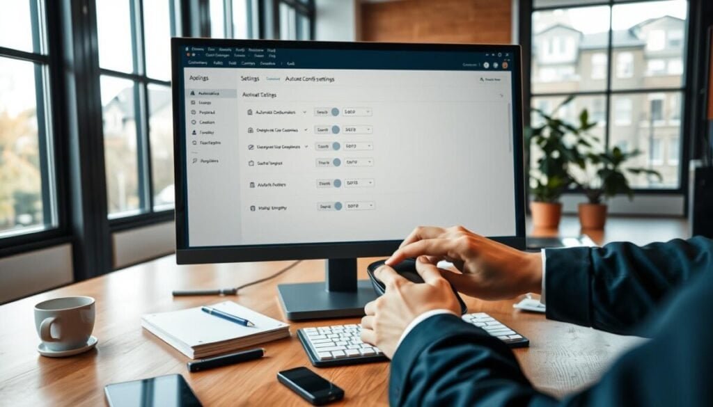 A modern workspace featuring a sleek computer monitor displaying an automation configuration dashboard interface with various settings and toggles visible. In the foreground, a pair of hands in professional business attire adjusts the settings using a mouse. The middle section showcases a desk cluttered with tech gadgets, notebooks, and a coffee cup, suggesting an active work environment. In the background, large windows allow natural light to illuminate the space, creating a warm and inviting atmosphere. The color palette is a mix of cool blues and warm wood tones, balancing productivity with comfort. The scene is shot from a slight angle, giving depth to the workspace, and the overall mood is focused and professional, perfect for illustrating the concept of configuring automation settings in a database context.