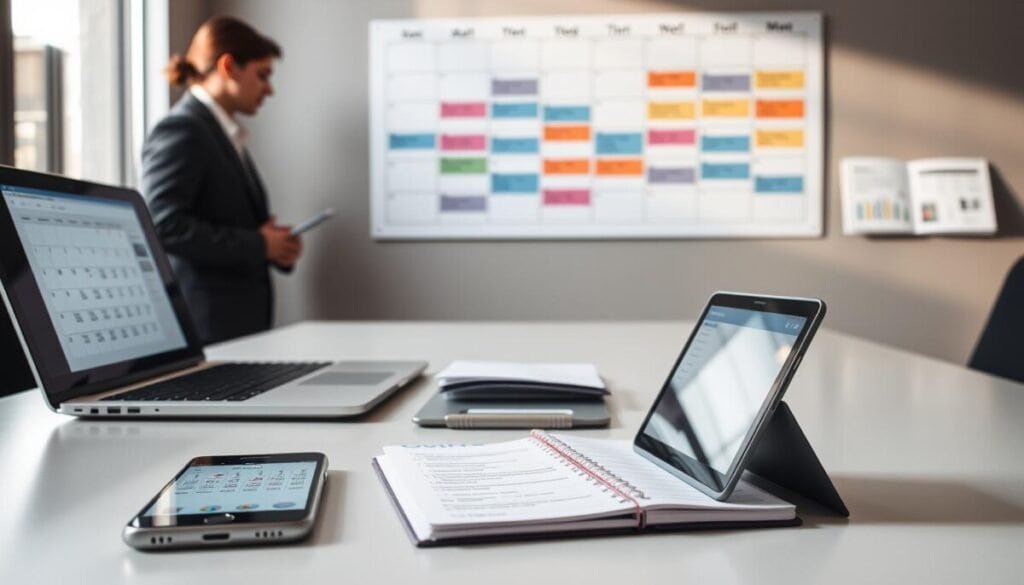 A modern workspace featuring a sleek desk with a laptop open to a calendar interface. In the foreground, a smartphone displaying a scheduling app lies next to a notepad filled with organized tasks. The middle ground showcases a wall-mounted calendar filled with color-coded events and meetings, emphasizing integration between digital and physical scheduling. A bright, airy atmosphere is created by natural light streaming through a nearby window, with soft shadows enhancing the scene. In the background, a professional in business attire is seen reviewing the calendar, exuding focus and productivity. The angle captures the workspace from a slightly elevated perspective, providing a comprehensive view of the harmonious blend of technology and planning tools.