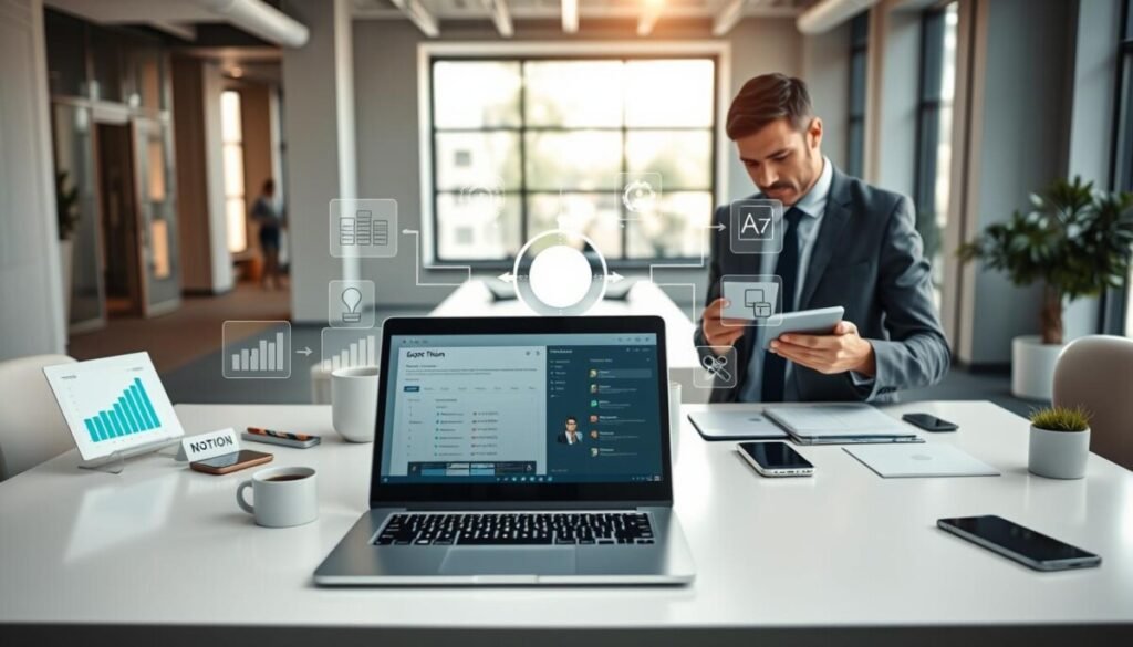A modern workspace featuring a sleek desk with a laptop opened to Notion, surrounded by various external tools like charts, graphs, and productivity apps. In the foreground, a professional business person in smart casual attire is engaged in multitasking, using digital devices like a tablet and smartphone to connect with those external tools seamlessly. The middle features a digital display showcasing integration flows, representing data exchange between platforms. The background reveals a bright, airy office environment with large windows letting in natural light, creating a vibrant and motivating atmosphere. The overall mood is one of productivity and innovation, captured with a slightly angled perspective to enhance depth, using soft lighting to create an inviting, professional tone.
