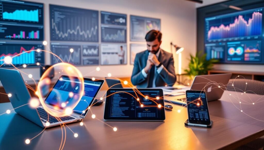 A modern workspace featuring a sleek desk with multiple digital devices, including a laptop, tablet, and smartphone, displaying project management software interfaces. In the foreground, an abstract representation of AI is illustrated with glowing circuits and data streams intertwining around the tools, symbolizing connectivity and adaptability. The middle ground shows a business professional in smart attire, thoughtfully interacting with the devices, highlighting collaboration and innovative workflow. In the background, a wall with vibrant digital graphs and analytics dashboards enhances the technological atmosphere. Soft, ambient lighting casts a warm glow, creating a professional yet inviting mood. The perspective is slightly angled to emphasize depth, inviting viewers into this dynamic, adaptive project workflow environment.