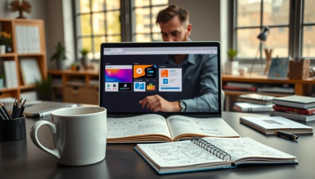 A modern workspace featuring a sleek laptop displaying multiple graphic design platforms side by side, with vibrant colors and user-friendly interfaces visible on the screen. In the foreground, a stylish coffee mug and a notebook filled with sketches and ideas complement the scene. In the middle, a professional dressed in modest casual clothing is interacting with the laptop, engaged in thoughtful review. The background showcases a well-organized desk with design books and creative tools, bathed in soft, natural light from a large window. The atmosphere is dynamic yet calm, reflecting creativity and professionalism in graphic design. The image should capture the essence of reviewing tools for non-designer creators.
