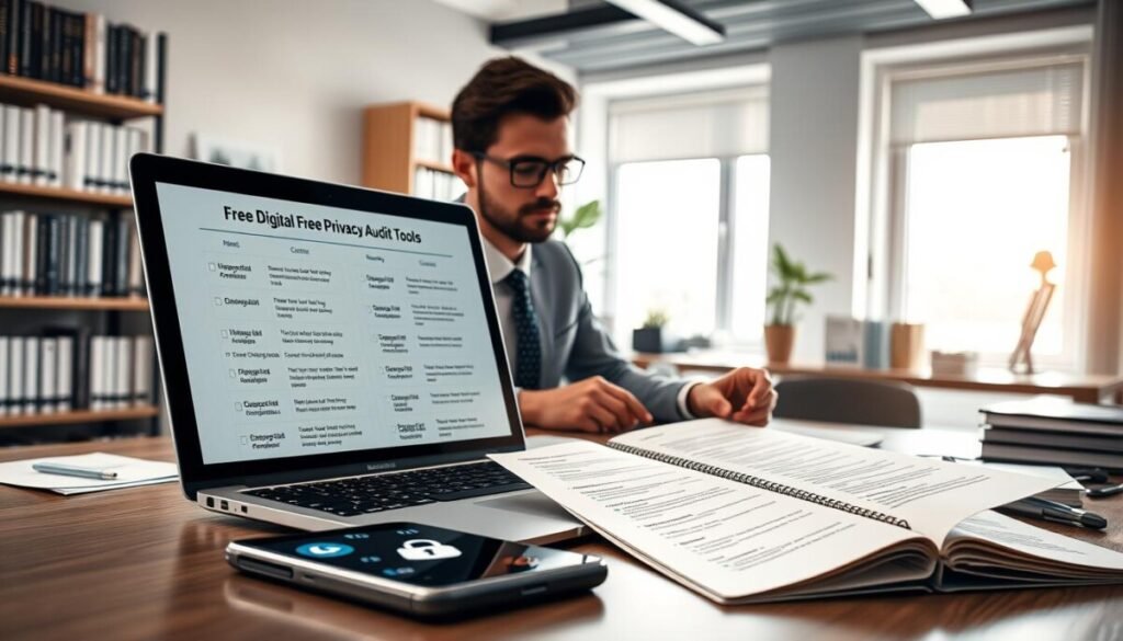 A modern workspace featuring a sleek laptop displaying various free digital privacy audit tools on the screen. In the foreground, a focused professional in business attire studies a digital privacy checklist, highlighting key elements. The middle ground includes a desk adorned with privacy-related items like a smartphone with lock icons, encrypted folders, and data analytics graphs. The background depicts a bright, well-lit office with shelves filled with books on cybersecurity and digital privacy. Soft, natural lighting flows in from a nearby window, creating a calm and serious atmosphere. The overall mood conveys diligence and professionalism in conducting a thorough digital privacy audit.