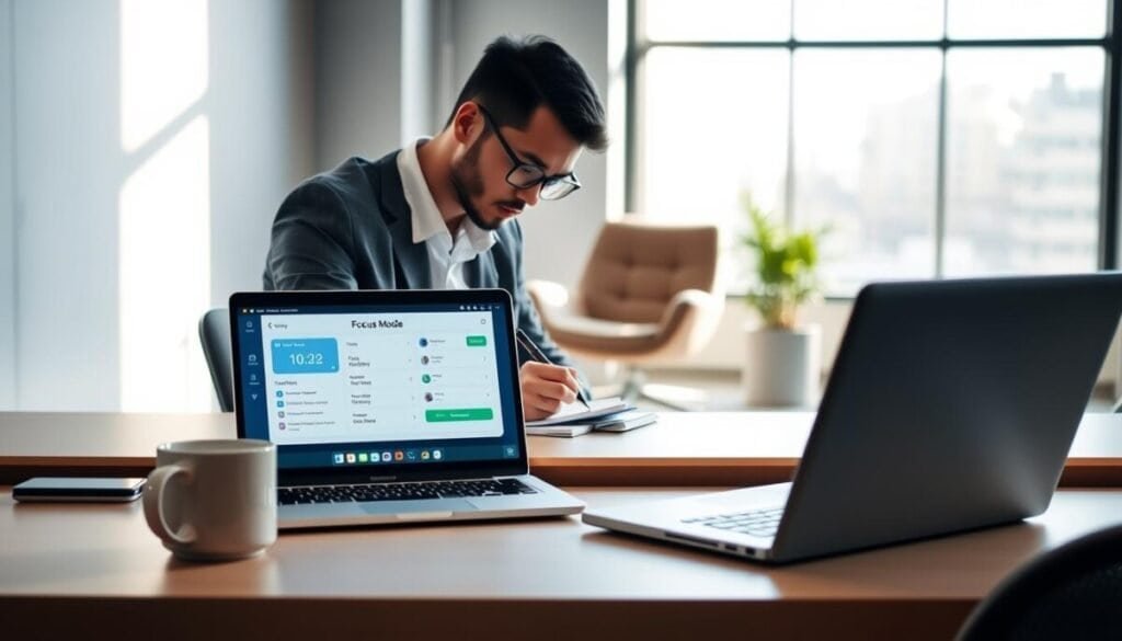 A modern workspace featuring a sleek, minimalistic desk with a laptop open to the Clockify interface, displaying the Focus Mode feature with a timer and task list visible. In the foreground, a professional individual in smart casual attire is intensely focused, taking notes, with a stylish coffee mug nearby. The middle ground shows a comfortable chair and some greenery, creating a relaxed yet productive atmosphere. The background features a large window allowing soft, natural light to illuminate the space, enhancing the calming environment. The overall mood is one of concentration and productivity, emphasizing the concept of deep work in a contemporary office setting. A modern workspace featuring a sleek, minimalistic desk with a laptop open to the Clockify interface, displaying the Focus Mode feature with a timer and task list visible. In the foreground, a professional individual in smart casual attire is intensely focused, taking notes, with a stylish coffee mug nearby. The middle ground shows a comfortable chair and some greenery, creating a relaxed yet productive atmosphere. The background features a large window allowing soft, natural light to illuminate the space, enhancing the calming environment. The overall mood is one of concentration and productivity, emphasizing the concept of deep work in a contemporary office setting.