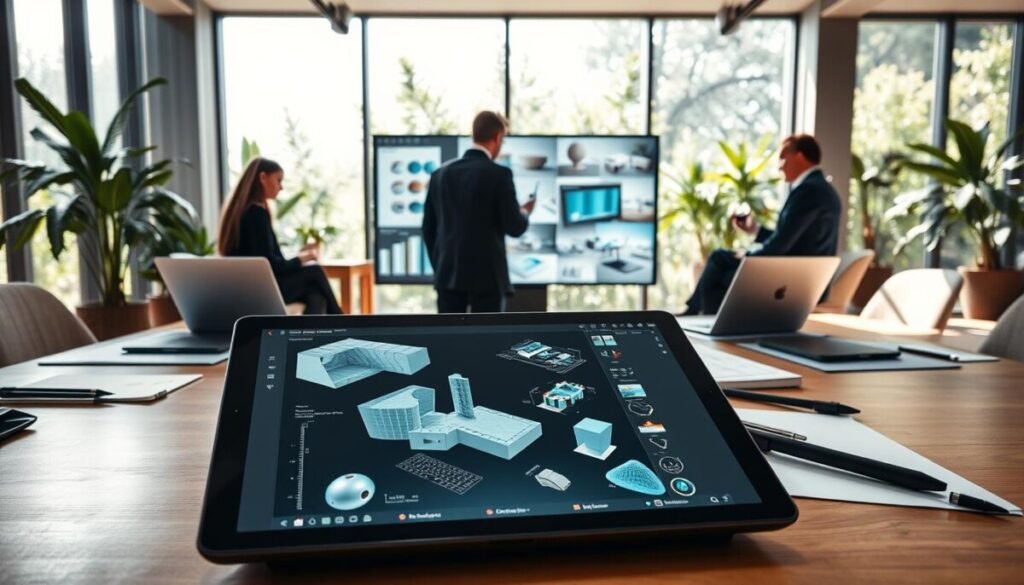 A modern workspace featuring advanced AI concept design tools. In the foreground, a sleek digital tablet with a futuristic interface displaying 3D models and AI-generated designs. On the table are scattered high-tech sketch pads, design software open on a laptop, and ergonomic styluses. The middle ground showcases a large, interactive touch screen displaying various design prototypes, surrounded by professionals in business attire deeply engaged in discussion. In the background, large windows let in natural light, casting soft shadows across the room filled with greenery. The mood is innovative and collaborative, capturing the essence of a cutting-edge design hub that reflects the future of spatial AI tools in design. Ensure clarity and focus with a wide-angle lens, emphasizing the vibrant colors and modern furnishings of the space.