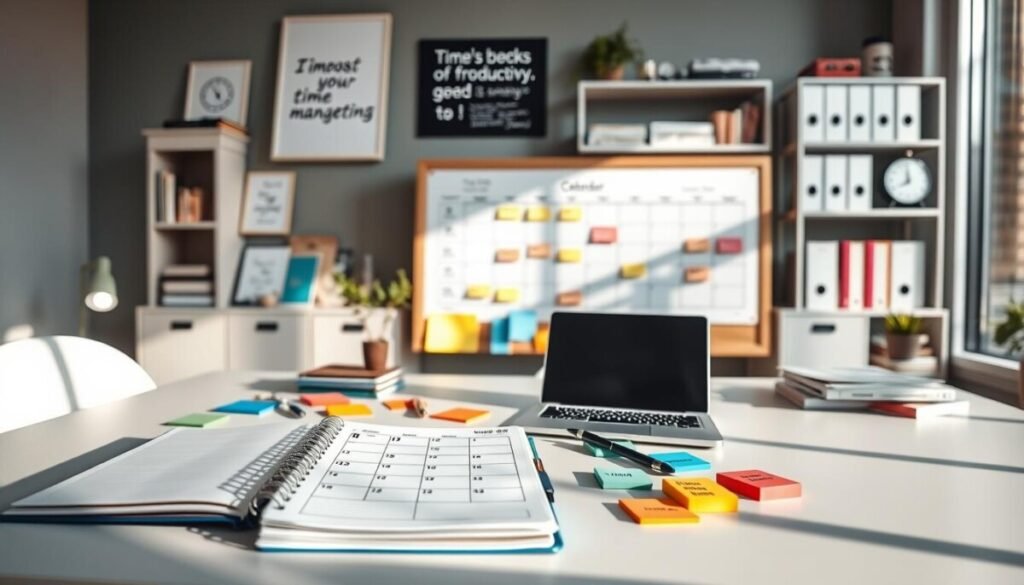 A modern workspace featuring an array of time management tools spread across a sleek desk. In the foreground, a stylish planner, an organized digital calendar displayed on a laptop screen, and a set of colorful sticky notes with reminders scattered about. The middle ground includes a well-lit bulletin board showcasing motivational quotes and a time-blocking schedule. The background contains soft-focus shelves with books on productivity and timers, creating a resourceful atmosphere. Natural lighting filters in through a large window, casting soft shadows, enhancing the creative and productive mood. Capture the image from a slightly elevated angle, emphasizing the sense of order and efficiency, reflecting a tranquil yet dynamic environment suitable for freelancers.