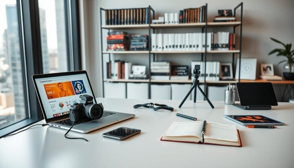 A modern workspace featuring essential content creation tools. In the foreground, a sleek, minimalist desk with a laptop open displaying a vibrant content marketing dashboard. Beside it, a high-quality camera on a tripod, a smartphone, and an elegant notepad with digital stylus. In the middle ground, there's a well-organized shelf filled with books on digital marketing and design, alongside an array of graphic design tools like a tablet and markers. In the background, a large window allows natural light to flood the room, highlighting a cityscape view. The atmosphere is professional yet creative, evoking inspiration. The scene is captured with a soft-focused lens effect, enhancing clarity on the foreground elements and creating an inviting ambiance.