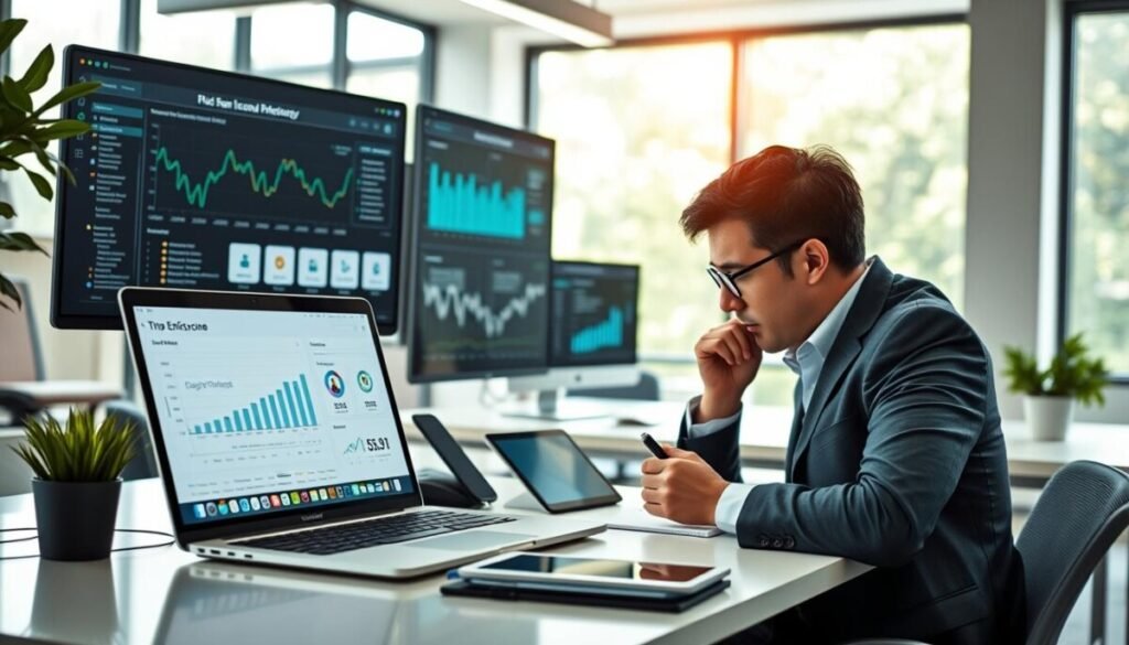 A modern workspace featuring multiple screens displaying digital tools for automation and passive income generation. In the foreground, a laptop open to a dashboard filled with analytics and graphs, symbolizing efficiency. A professional in smart casual attire thoughtfully examines the data, jotting down notes. In the middle ground, an organized desk with devices like a tablet and smartphone, showcasing various apps for income management. The background shows a bright, airy office with large windows allowing natural light to flood the space, reflecting a sense of productivity and innovation. The atmosphere is focused and inspiring, emphasizing the potential of technology to create income effortlessly. Use soft, natural lighting for a calm, encouraging mood.