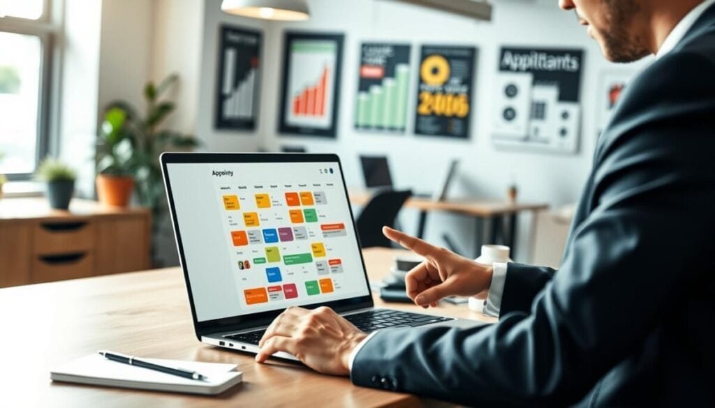 A modern workspace featuring the Appointy scheduling app on a sleek laptop screen, surrounded by a well-organized desk with a small potted plant and a notepad. In the foreground, a focused business professional wearing smart attire engages with the app, clicking on a calendar interface displaying colorful appointments. In the middle ground, soft natural lighting from a nearby window softly illuminates the scene, creating a bright and inviting atmosphere. The background features a blurred view of a bustling office environment filled with small business elements like charts and motivational posters reflecting growth and productivity. The overall mood is optimistic and energetic, highlighting the benefits of efficient scheduling for small business growth in 2026. A modern workspace featuring the Appointy scheduling app on a sleek laptop screen, surrounded by a well-organized desk with a small potted plant and a notepad. In the foreground, a focused business professional wearing smart attire engages with the app, clicking on a calendar interface displaying colorful appointments. In the middle ground, soft natural lighting from a nearby window softly illuminates the scene, creating a bright and inviting atmosphere. The background features a blurred view of a bustling office environment filled with small business elements like charts and motivational posters reflecting growth and productivity. The overall mood is optimistic and energetic, highlighting the benefits of efficient scheduling for small business growth in 2026.