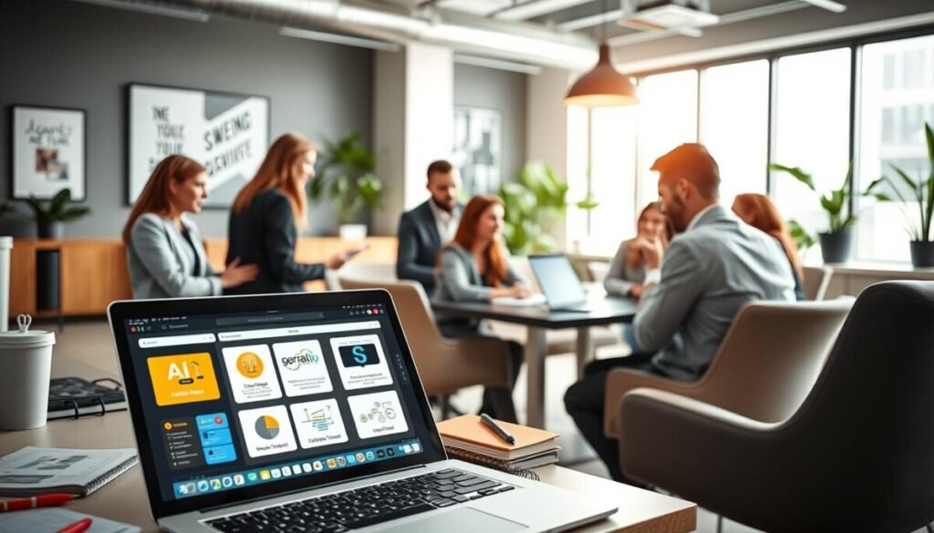 A modern workspace filled with advanced AI tools for ideation, scripting, and visual creation. In the foreground, a sleek laptop displays a vibrant interface with various AI applications for content generation, surrounded by notebooks and creative sketches. In the middle, a diverse group of professionals in business attire collaborates, discussing their ideas with enthusiasm. They are seated around a stylish conference table, with digital tablets and smart devices enhancing their workflow. The background shows a bright, inviting office space adorned with motivational art and greenery, flooded with natural light from large windows. Capture the atmosphere of innovation and teamwork, with a focus on technology and creativity, using soft, high-key lighting to create an energetic mood.