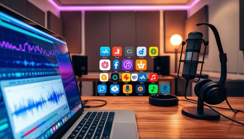 A modern workspace focused on podcast recording and editing software comparison. In the foreground, a sleek laptop displays a vibrant screen with graphs, audio waveforms, and editing tools, showcasing various software interfaces. To the side, a high-quality microphone and headphones sit on a wooden desk, suggesting an active recording session. In the middle ground, an array of colorful icons representing different software logos are visually arranged, symbolizing a comparison. The background features a softly lit, cozy studio environment with soundproofing panels and soft ambient lighting to create a professional atmosphere. The mood is focused and creative, encouraging productivity and innovation in podcast production. Capture this scene from a slightly elevated angle to give a comprehensive view of the workspace.