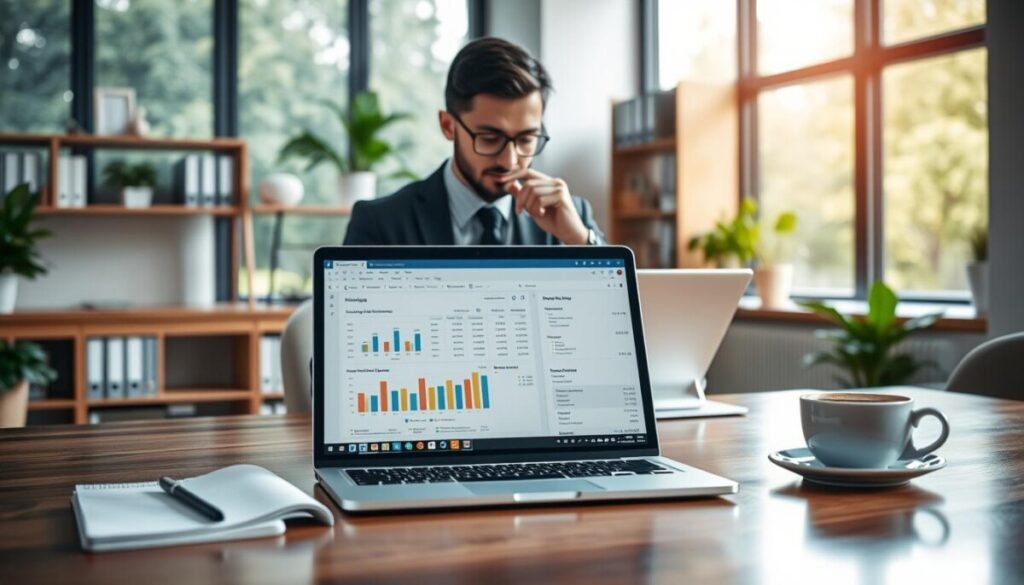 A modern workspace illustrating financial management and invoicing tools. In the foreground, a sleek laptop displays an open invoicing software interface, showcasing charts and graphs. To the side, a stylish notepad and a cup of coffee sit atop a polished wooden desk. In the middle ground, a professional individual in business attire analyzes financial data on the laptop, with a thoughtful expression. The background features a light-filled office environment with large windows, greenery outside, and shelves displaying books and files. Soft, warm lighting enhances the scene, creating a productive and focused atmosphere. The image captures a blend of technology and professionalism, perfect for small business financial management.
