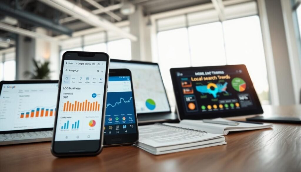 A modern workspace illustrating mobile and local SEO tools for U.S. businesses. In the foreground, a sleek smartphone displaying an analytics dashboard, highlighting key SEO metrics with charts and graphs. Beside it, a laptop screen shows a Google Maps interface with local business listings. In the middle ground, a notepad filled with SEO strategies and a digital tablet featuring a colorful infographic on local search trends. The background features a bright and airy office environment with large windows letting in natural light, accentuating a productive atmosphere. The camera angle is slightly tilted downward, creating a dynamic perspective. The overall mood is professional and focused, ideal for showcasing innovative digital tools in the SEO landscape.