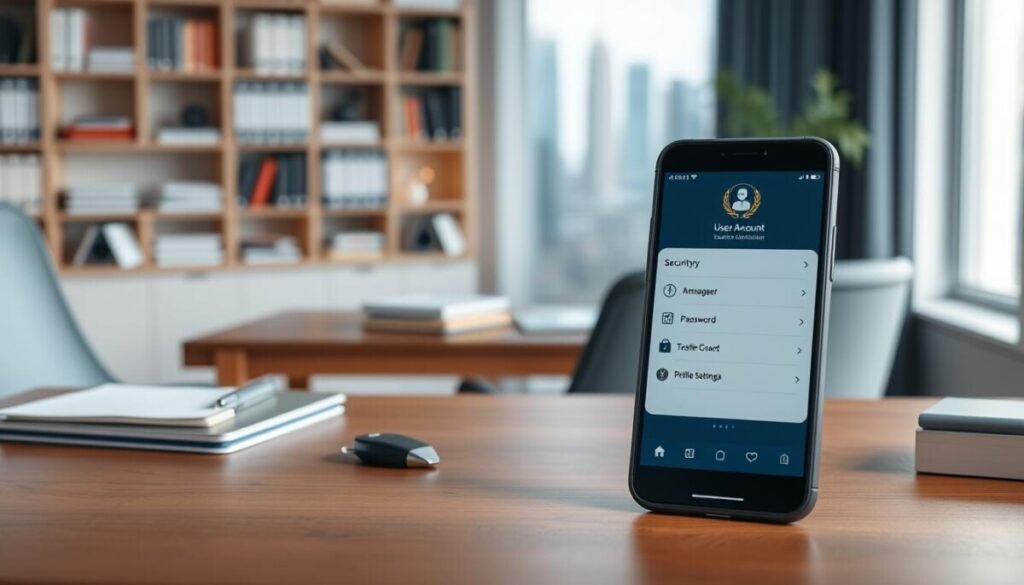 A modern workspace scene depicting a mobile device displaying a user account interface and security credentials management screen. In the foreground, a close-up view of a smartphone with a sleek design, showcasing a digital user account with icons for security features like two-factor authentication, password management, and profile settings. In the middle ground, an elegant wooden desk cluttered with a laptop, notes, and a security key fob. The background features soft, ambient lighting, creating a cozy but professional atmosphere, with bookshelves and a window showing a cityscape outside. The image should evoke a sense of organization, security, and professionalism, suitable for a tech-savvy user managing their accounts effectively. A modern workspace scene depicting a mobile device displaying a user account interface and security credentials management screen. In the foreground, a close-up view of a smartphone with a sleek design, showcasing a digital user account with icons for security features like two-factor authentication, password management, and profile settings. In the middle ground, an elegant wooden desk cluttered with a laptop, notes, and a security key fob. The background features soft, ambient lighting, creating a cozy but professional atmosphere, with bookshelves and a window showing a cityscape outside. The image should evoke a sense of organization, security, and professionalism, suitable for a tech-savvy user managing their accounts effectively.