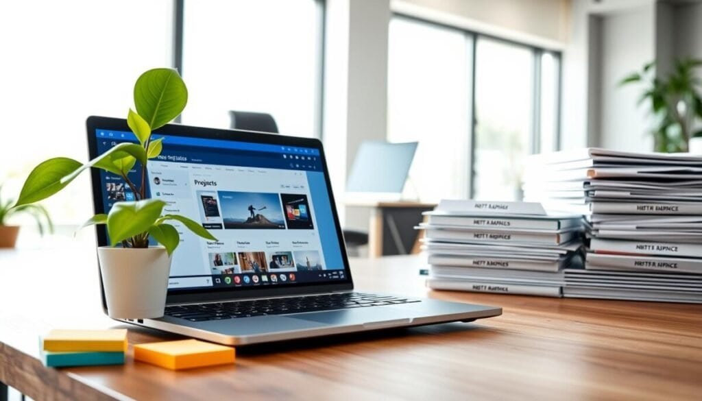 A modern workspace scene featuring a sleek wooden desk with a high-end laptop open, displaying Microsoft Edge Workspaces interface. In the foreground, a set of colorful sticky notes is neatly arranged beside a plant with vibrant green leaves. Middle ground includes an ergonomic chair and a neatly stacked pile of folders labeled with different project names, emphasizing organization. The background is softly blurred with a large window allowing natural light to flood the room, creating a warm and inviting atmosphere. The lighting is bright yet soft, highlighting the workspace details and casting gentle shadows. The overall mood is focused and productive, perfect for illustrating project management and efficiency in a professional setting.