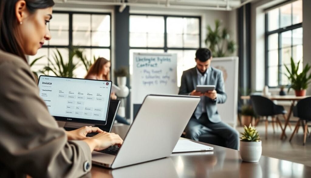 A modern workspace setting where a diverse group of freelance professionals collaborate over laptops and digital devices. In the foreground, a woman in smart casual attire types on a sleek laptop, her screen displaying an invoicing software interface with client payment options. Beside her, a man in business attire reviews a digital contract on a tablet. The middle ground features a whiteboard with notes about project deadlines and payment schedules. In the background, large windows let in natural light, illuminating the room filled with plants and modern décor. The atmosphere is dynamic and focused, conveying a sense of productivity and professionalism. Use soft, diffused lighting with a warm color palette to enhance the welcoming and collaborative mood. A slight overhead angle showcases the openness of the workspace. A modern workspace setting where a diverse group of freelance professionals collaborate over laptops and digital devices. In the foreground, a woman in smart casual attire types on a sleek laptop, her screen displaying an invoicing software interface with client payment options. Beside her, a man in business attire reviews a digital contract on a tablet. The middle ground features a whiteboard with notes about project deadlines and payment schedules. In the background, large windows let in natural light, illuminating the room filled with plants and modern décor. The atmosphere is dynamic and focused, conveying a sense of productivity and professionalism. Use soft, diffused lighting with a warm color palette to enhance the welcoming and collaborative mood. A slight overhead angle showcases the openness of the workspace.