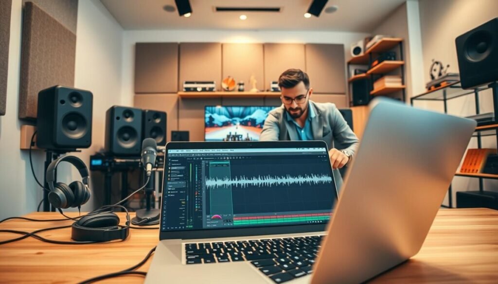 A modern workspace showcasing audio and multimedia enhancement solutions. In the foreground, a sleek laptop with an open audio software interface, surrounded by professional audio equipment like headphones, microphones, and speakers. The middle ground features a creative professional, dressed in smart casual attire, actively engaging with the technology, adjusting sound settings, and analyzing waveforms. The background includes soundproofing panels and shelves filled with multimedia tools and creative resources. Soft, diffused lighting enhances the tech-savvy atmosphere, with a warm color palette to evoke creativity and inspiration. The camera angle is slightly above eye level, capturing a dynamic, focused scene that conveys innovation and professionalism in multimedia design.