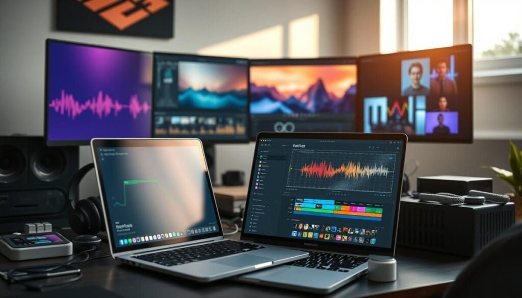 A modern workspace showcasing integration with video editing apps. In the foreground, a sleek laptop displays an intuitive video editing interface, surrounded by vibrant images of sound wave graphics and royalty-free music icons. In the middle, a well-organized desk cluttered with professional gear like headphones, external hard drives, and color-coded audio clips sets the scene. In the background, a large dual monitor setup highlights a seamless workflow between music libraries and video projects, illuminated by soft, warm lighting to create an inviting atmosphere. The mood is focused and creative, emphasizing the essential features like ease of access and versatile sound selection, with a slight lens flare from a nearby window enhancing the bright ambiance. A modern workspace showcasing integration with video editing apps. In the foreground, a sleek laptop displays an intuitive video editing interface, surrounded by vibrant images of sound wave graphics and royalty-free music icons. In the middle, a well-organized desk cluttered with professional gear like headphones, external hard drives, and color-coded audio clips sets the scene. In the background, a large dual monitor setup highlights a seamless workflow between music libraries and video projects, illuminated by soft, warm lighting to create an inviting atmosphere. The mood is focused and creative, emphasizing the essential features like ease of access and versatile sound selection, with a slight lens flare from a nearby window enhancing the bright ambiance.