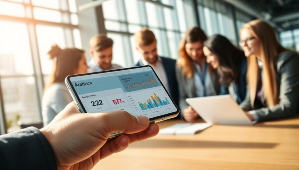 A modern workspace showcasing mobile optimization and in-app behavior tracking. In the foreground, a sleek smartphone displays an analytics dashboard with colorful graphs and metrics, illustrating user engagement data. In the middle ground, a diverse group of professionals in business attire examines the phone, engaged in a collaborative discussion. The background features a high-tech office with large windows, natural sunlight streaming in, creating a bright and productive atmosphere. Soft focus on the background enhances the clarity of the foreground details. The overall mood is dynamic and innovative, emphasizing the importance of tracking user behavior for mobile optimization. The scene should evoke a sense of teamwork and advanced technology, highlighting the concepts of AppMetrica and MoEngage.