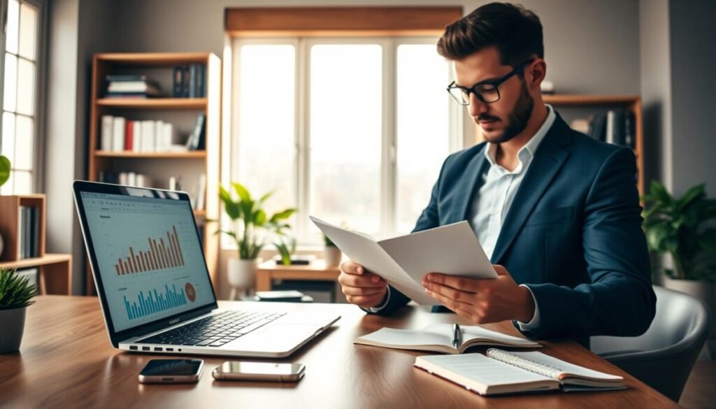 A modern workspace showcasing scalable business growth tools for solo entrepreneurs. In the foreground, a sleek wooden desk displays a laptop screen showing growth charts and analytics, flanked by a smartphone with business apps and a notepad with handwritten notes. In the middle ground, an open bookshelf filled with business books and a potted plant adds a touch of green. The background features a bright, airy window with natural light streaming in, illuminating the entire scene. A professional entrepreneur in smart casual attire reviews documents, exuding a focused and determined atmosphere. The overall mood is inspiring and conducive to productivity, emphasizing innovation and growth in a digital landscape.